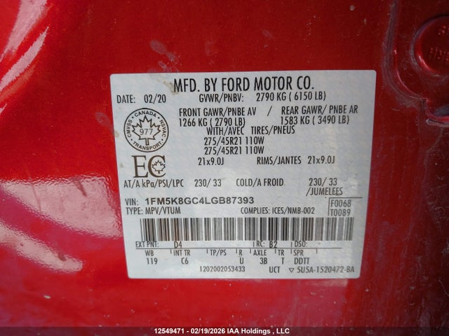 1FM5K8GC4LGB87393 Ford Explorer St
