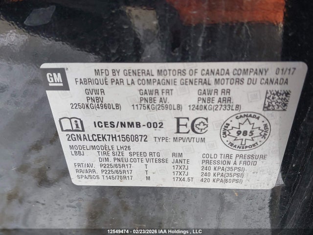 2017 Chevrolet Equinox Lt მანქანა იყიდება აუქციონზე, vin: 2GNALCEK7H1560872, აუქციონის ნომერი: 12549474