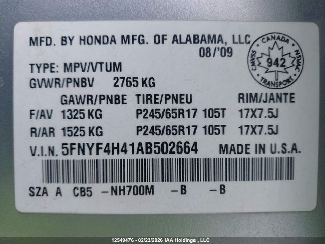 Auction sale of the 2010 Honda Pilot Ex, vin: 5FNYF4H41AB502664, lot number: 12549476