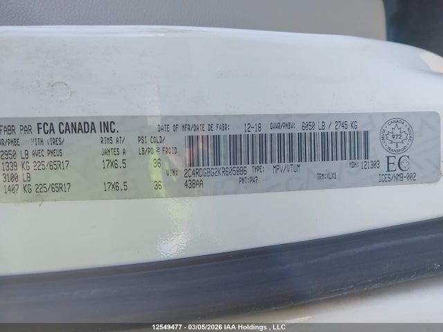 12549477 :رقم المزاد ، 2C4RDGBG2KR605886 vin ، 2019 Dodge Grand Caravan مزاد بيع