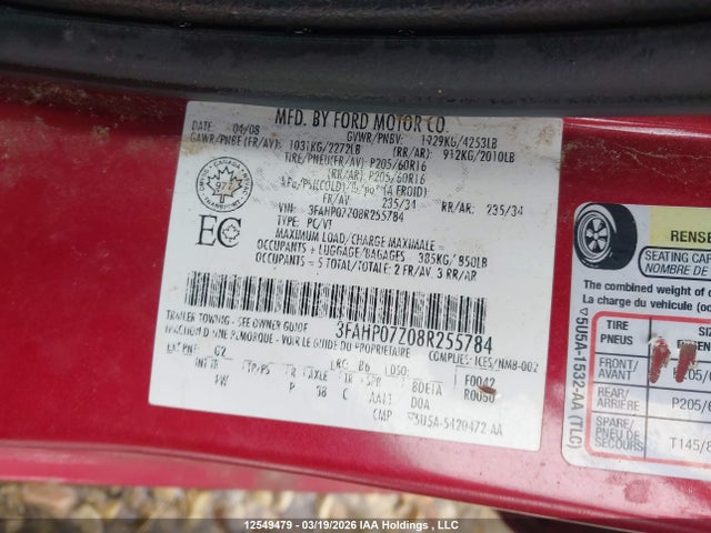 Продажа на аукционе авто 2008 Ford Fusion Se, vin: 3FAHP07Z08R255784, номер лота: 12549479