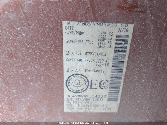 5N1AZ2MH2GN114127 Nissan Murano S/sl/sv/platinum