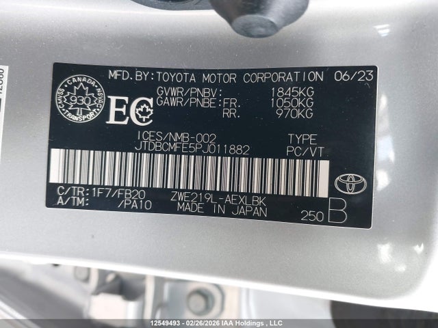 Aukcja sprzedaży 2023 Toyota Corolla Hybrid Le, vin: JTDBCMFE5PJ011882, numer aukcji: 12549493