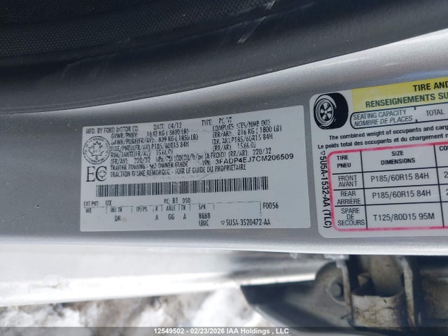 2012 Ford Fiesta მანქანა იყიდება აუქციონზე, vin: 3FADP4EJ7CM206509, აუქციონის ნომერი: 12549502