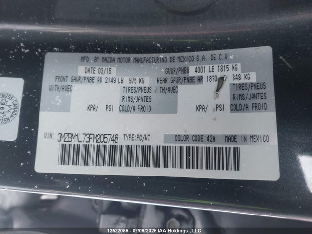 3MZBM1L73FM205746 Mazda Mazda3 Gs