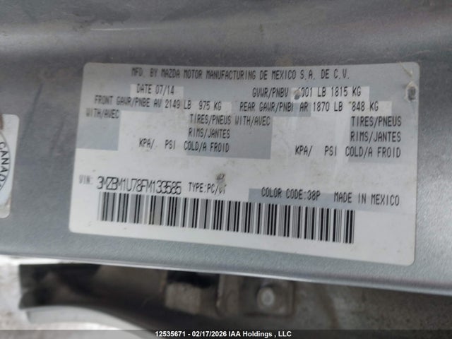 3MZBM1U78FM133585 Mazda Mazda3 Gx
