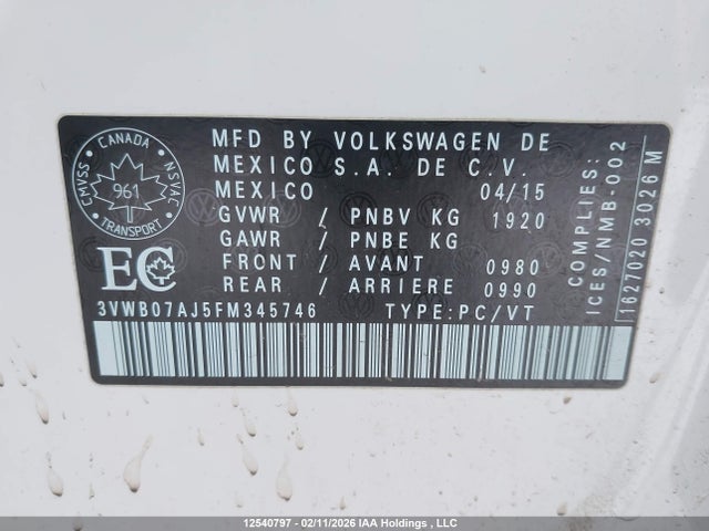 3VWB07AJ5FM345746 Volkswagen Jetta 1.8 Tsi Comfortline/1.8 Tsi Trendline+