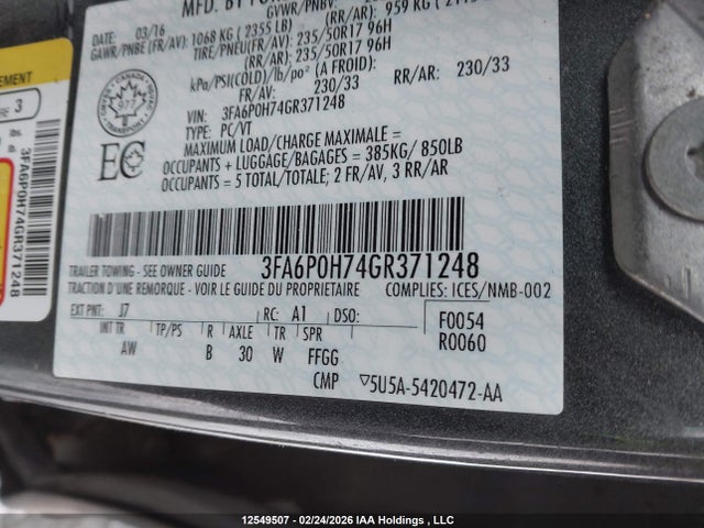 Продаж на аукціоні авто 2016 Ford Fusion Se, vin: 3FA6P0H74GR371248, номер лоту: 12549507