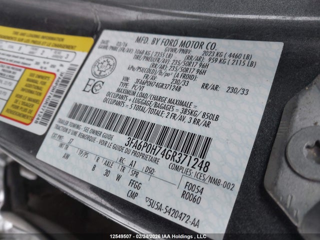 Продаж на аукціоні авто 2016 Ford Fusion Se, vin: 3FA6P0H74GR371248, номер лоту: 12549507