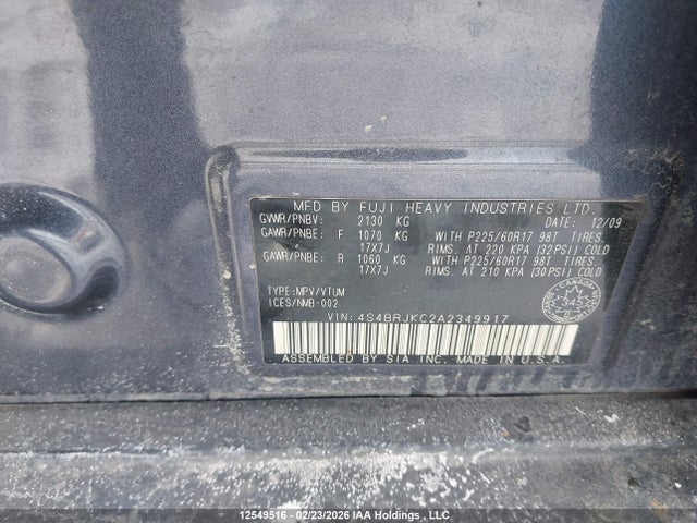 12549516 :رقم المزاد ، 4S4BRJKC2A2349917 vin ، 2010 Subaru Outback 3.6r Limited مزاد بيع