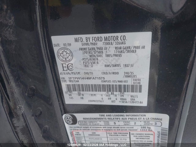 12549529 :رقم المزاد ، 1FTPW14V49FA71575 vin ، 2009 Ford F150 Supercrew مزاد بيع