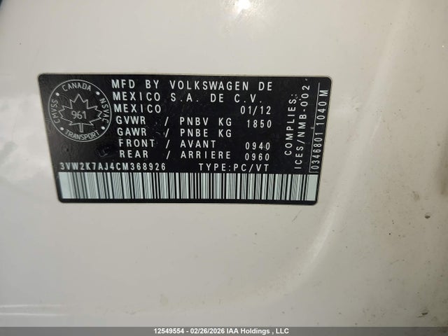 2012 Volkswagen Jetta S მანქანა იყიდება აუქციონზე, vin: 3VW2K7AJ4CM368926, აუქციონის ნომერი: 12549554
