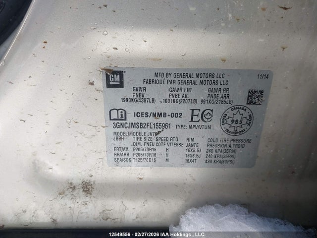 Aukcja sprzedaży 2015 Chevrolet Trax 2lt, vin: 3GNCJMSB2FL155961, numer aukcji: 12549556