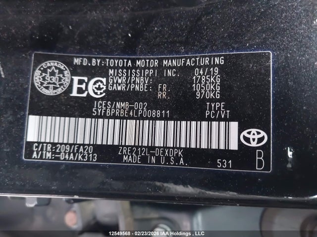Toyota COROLLA L 2020 5YFBPRBE4LP008811 Image 9