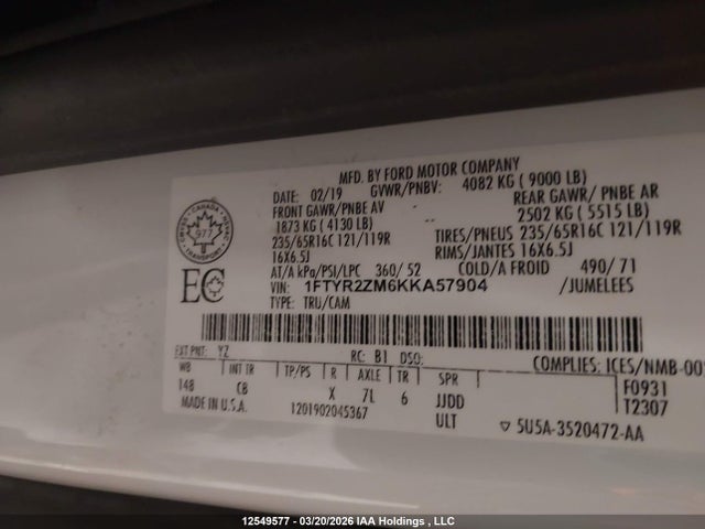 1FTYR2ZM6KKA57904 Ford Transit T-250