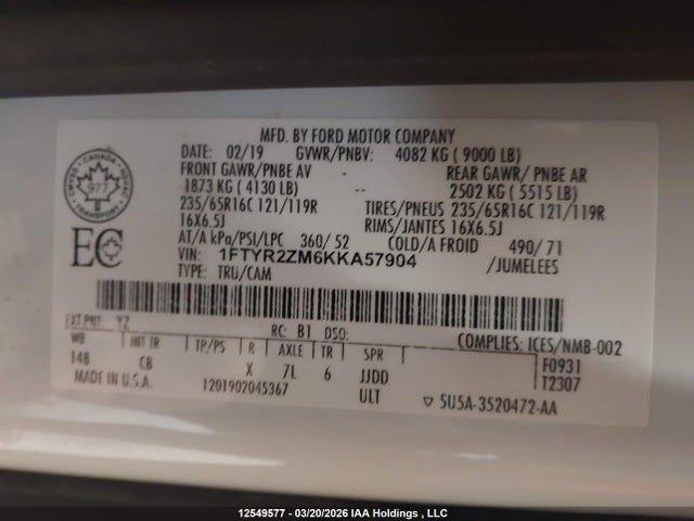 1FTYR2ZM6KKA57904 Ford Transit T-250