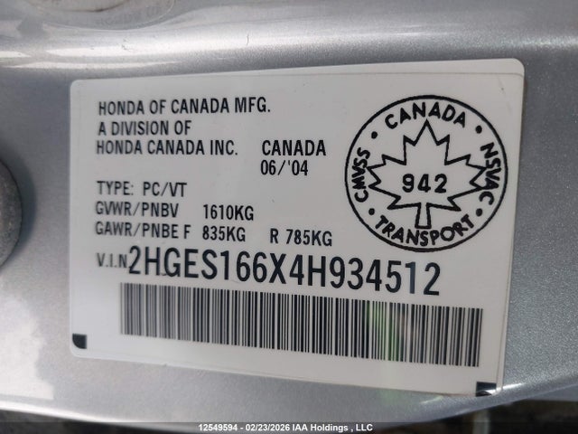 2004 Honda Civic მანქანა იყიდება აუქციონზე, vin: 2HGES166X4H934512, აუქციონის ნომერი: 12549594