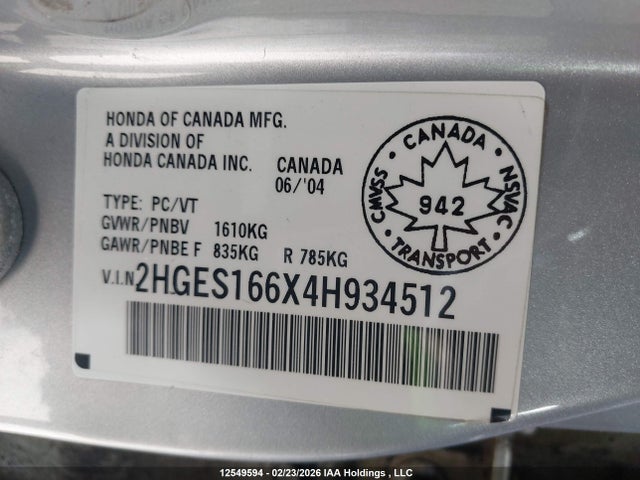2004 Honda Civic მანქანა იყიდება აუქციონზე, vin: 2HGES166X4H934512, აუქციონის ნომერი: 12549594