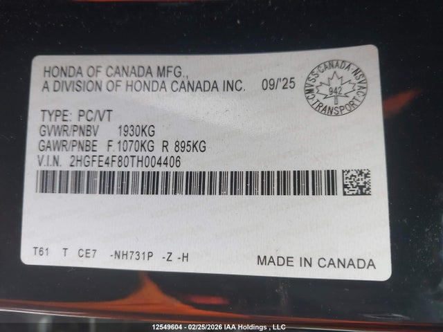 2HGFE4F80TH004406 Honda CIVIC HYBRID