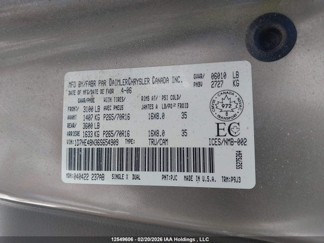 12549606 :رقم المزاد ، 1D7HE48N36S654909 vin ، 2006 Dodge Dakota Quad Slt مزاد بيع