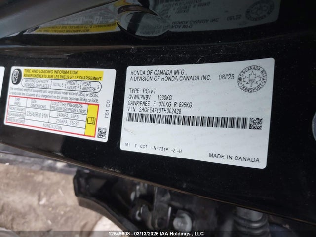 12549608 :رقم المزاد ، 2HGFE4F80TH002428 vin ، 2026 Honda Civic Sport Hybrid/sport Touring Hybrid مزاد بيع