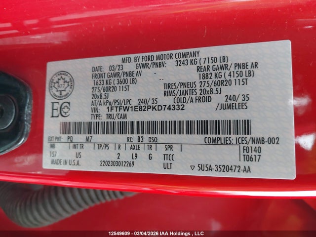 Aukcja sprzedaży 2023 Ford F-150 Xlt, vin: 1FTFW1E82PKD74332, numer aukcji: 12549609