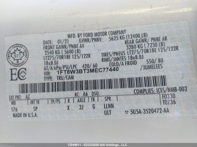 12549611 :رقم المزاد ، 1FT8W3BT3MEC77440 vin ، 2021 Ford F-350 King Ranch مزاد بيع