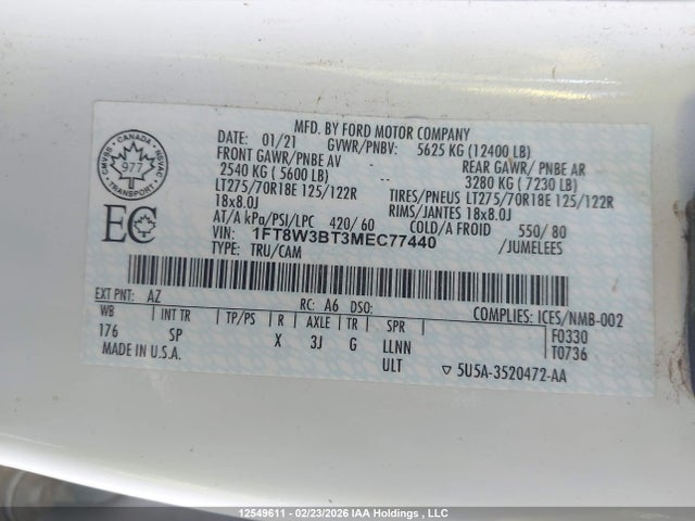 12549611 :رقم المزاد ، 1FT8W3BT3MEC77440 vin ، 2021 Ford F-350 King Ranch مزاد بيع