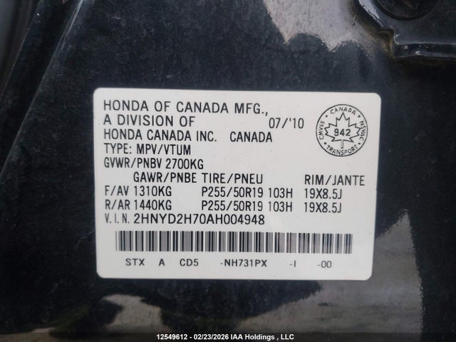 Aukcja sprzedaży 2010 Acura Mdx Advance, vin: 2HNYD2H70AH004948, numer aukcji: 12549612
