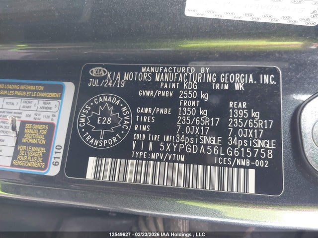 5XYPGDA56LG615758 KIA Sorento 3.3l Black Line/3.3l Lx+