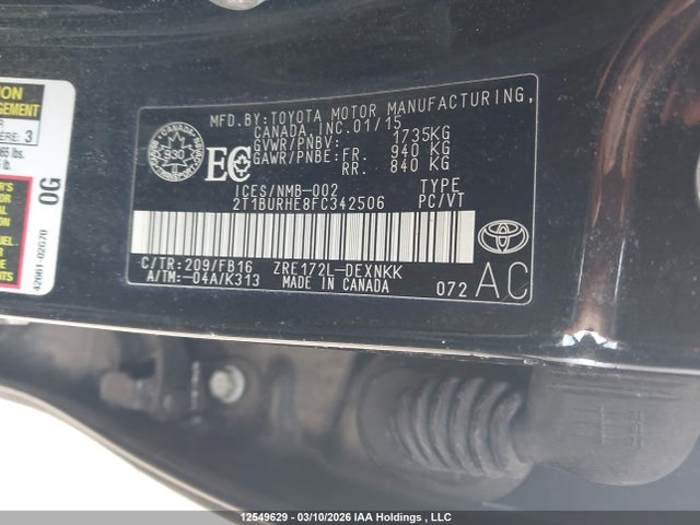 Aukcja sprzedaży 2015 Toyota Corolla Le, vin: 2T1BURHE8FC342506, numer aukcji: 12549629