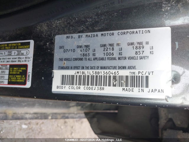 12549633 :رقم المزاد ، JM1BL1L58B1360465 vin ، 2011 Mazda Mazda3 Gs مزاد بيع