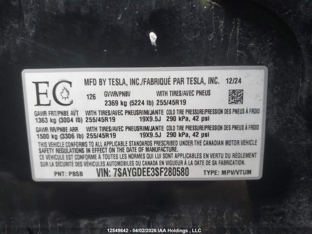 Aukcja sprzedaży 2025 Tesla Model Y, vin: 7SAYGDEE3SF280580, numer aukcji: 12549642