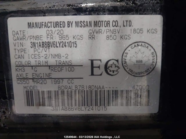 Aukcja sprzedaży 2020 Nissan Sentra S/s Plus, vin: 3N1AB8BV6LY241015, numer aukcji: 12549644