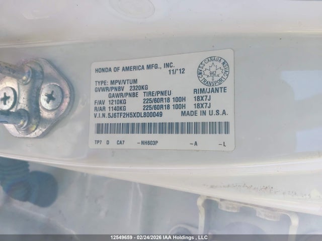 Auction sale of the 2013 Honda Crosstour Exl, vin: 5J6TF2H5XDL800049, lot number: 12549659