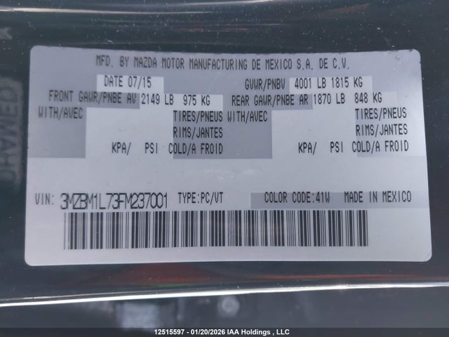 3MZBM1L73FM237001 Mazda Mazda3 Gs