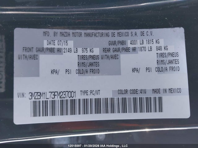 3MZBM1L73FM237001 Mazda Mazda3 Gs