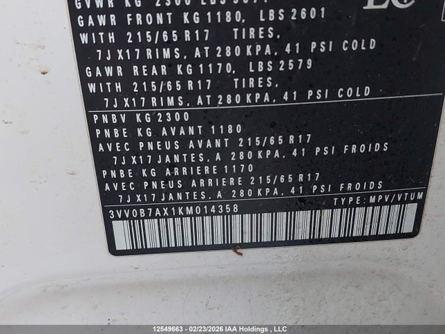 12549663 :رقم المزاد ، 3VV0B7AX1KM014358 vin ، 2019 Volkswagen Tiguan S مزاد بيع