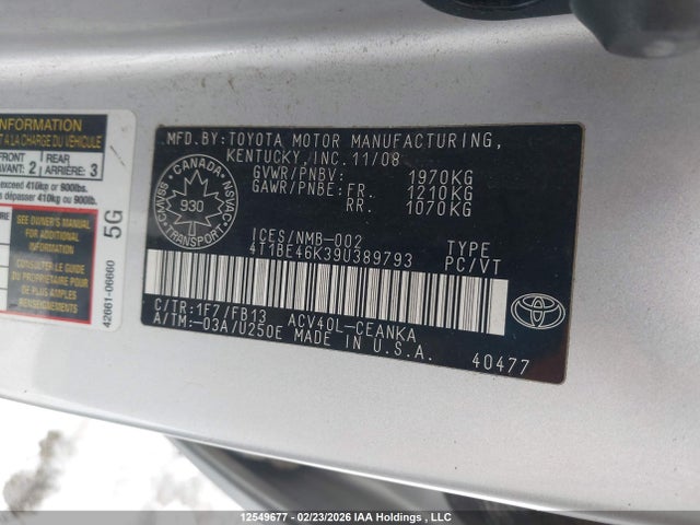 Продажа на аукционе авто 2009 Toyota Camry Le, vin: 4T1BE46K39U389793, номер лота: 12549677