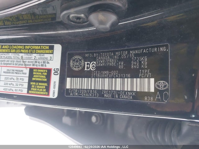 12549693 :رقم المزاد ، 2T1BURHEXFC431316 vin ، 2015 Toyota Corolla L/le/le Pls/prm/s/s Pls مزاد بيع