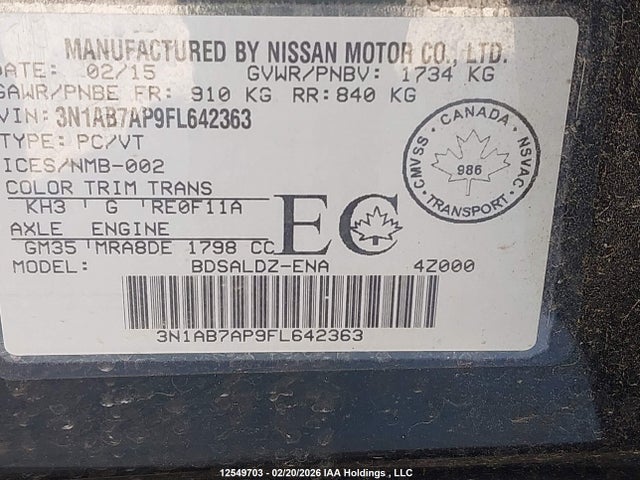 Продажа на аукционе авто 2015 Nissan Sentra S/sv/sr/sl, vin: 3N1AB7AP9FL642363, номер лота: 12549703