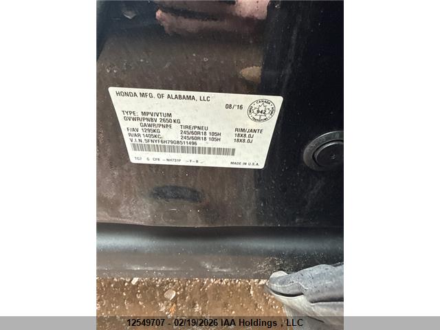 Honda PILOT EXLN 2016 5FNYF6H79GB511496 Image 9