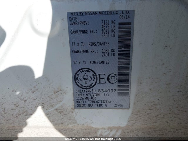 Продажа на аукционе авто 2014 Nissan Rogue S/sl/sv, vin: 5N1AT2MV3EC834097, номер лота: 12549712