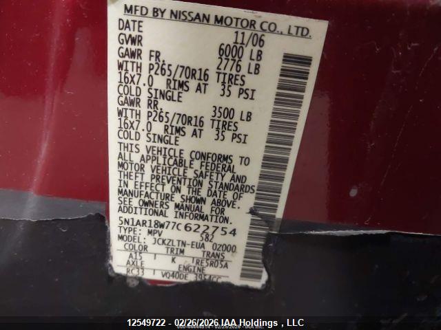 12549722 :رقم المزاد ، 5N1AR18W77C622754 vin ، 2007 Nissan Pathfinder Le/se/xe مزاد بيع