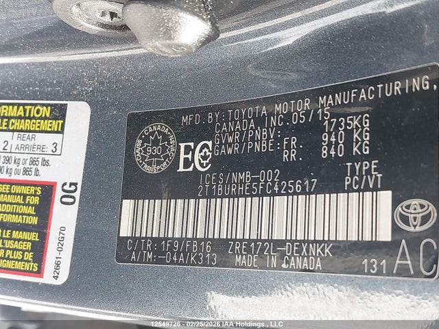 2T1BURHE5FC425617 Toyota COROLLA LE