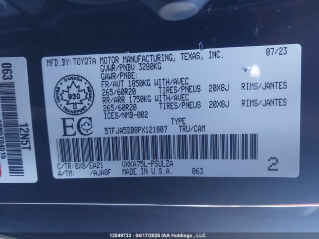 2023 Toyota Tundra მანქანა იყიდება აუქციონზე, vin: 5TFJA5DB8PX121807, აუქციონის ნომერი: 12549733