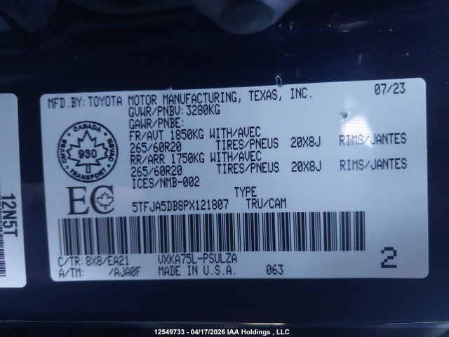 2023 Toyota Tundra მანქანა იყიდება აუქციონზე, vin: 5TFJA5DB8PX121807, აუქციონის ნომერი: 12549733