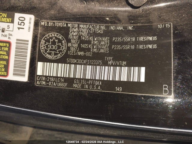 Toyota Sienna Xle 7 Passenger 2015 5TDDK3DCXFS123375 Image 9