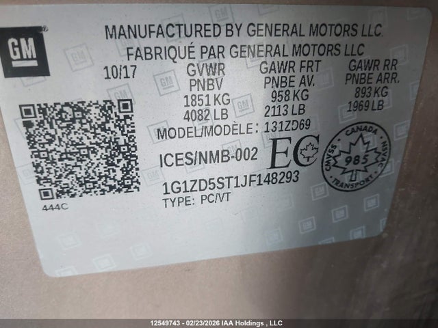 1G1ZD5ST1JF148293 Chevrolet MALIBU LT