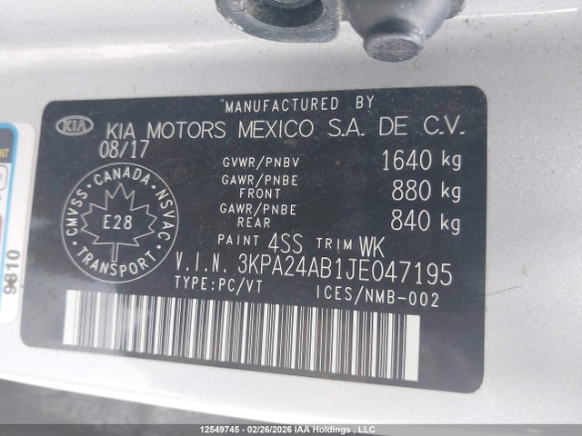 3KPA24AB1JE047195 KIA RIO LX/S